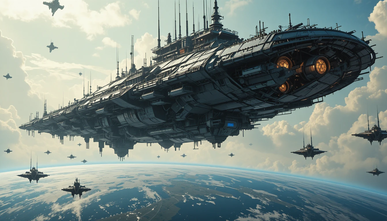 Futuristic space station looming over Earth with glowing details