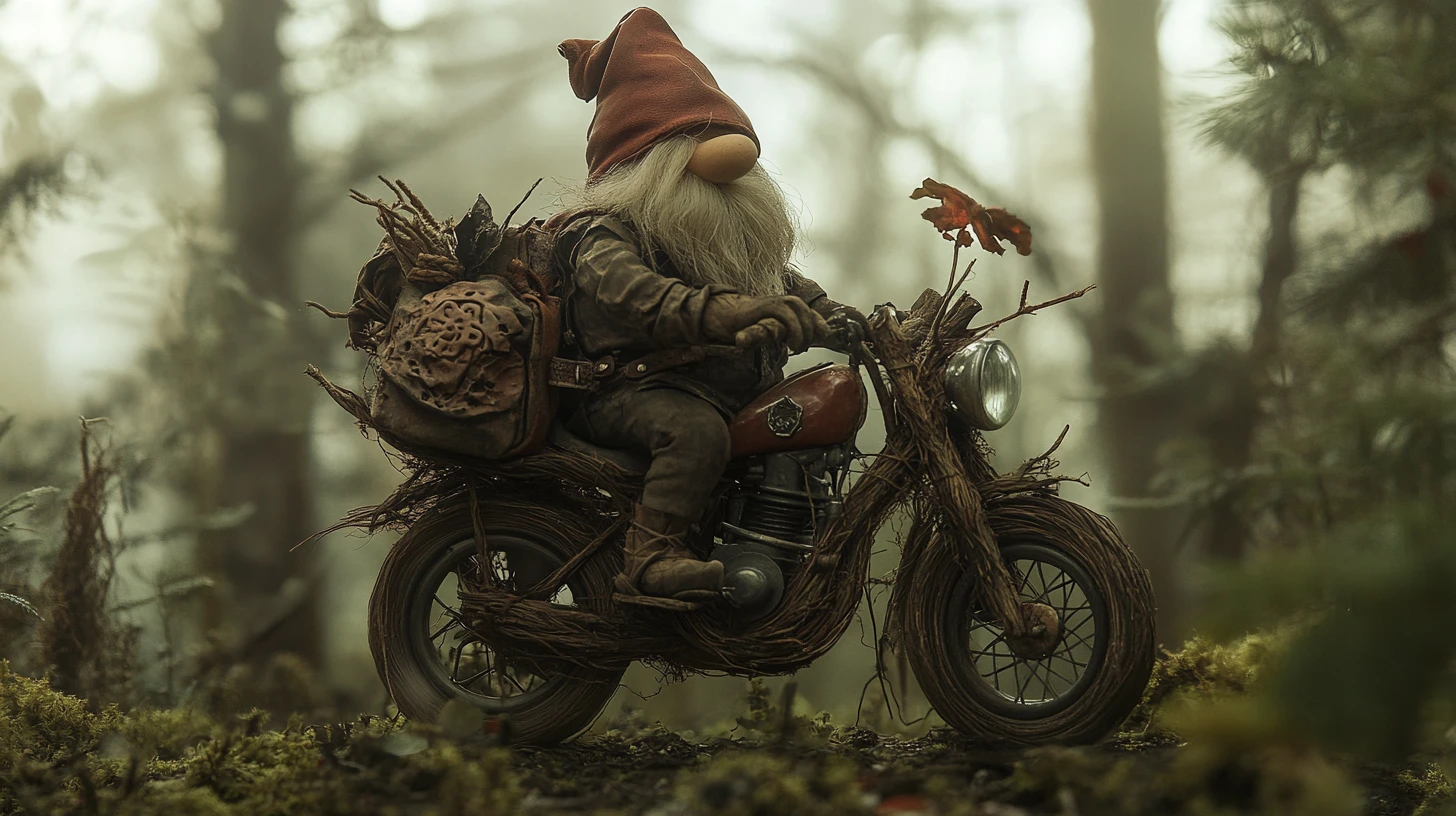 Gnome Riding A Branch Motorbike Through Misty Forest