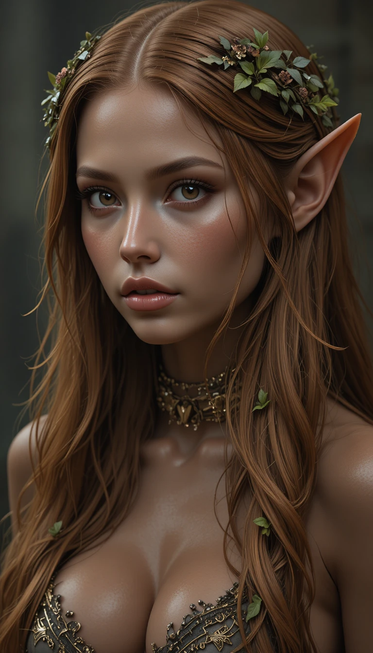 Tall elf woman with bronze hair and golden eyes