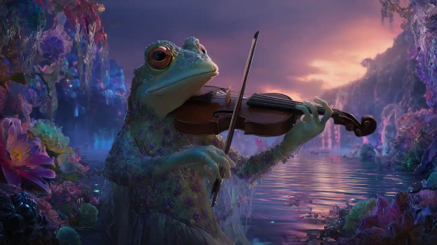 Rana elegante tocando el violín en un colorido mundo de fantasía junto al lago