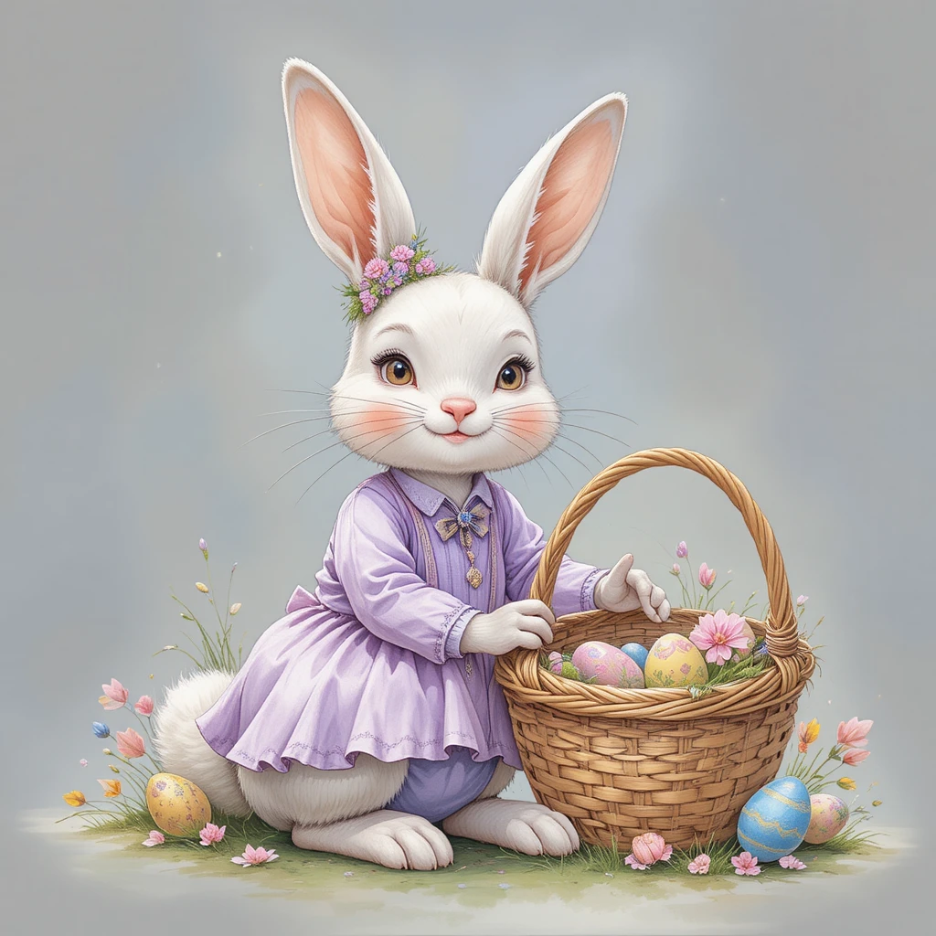 Conejito de Pascua tierno con traje morado y cesta festiva