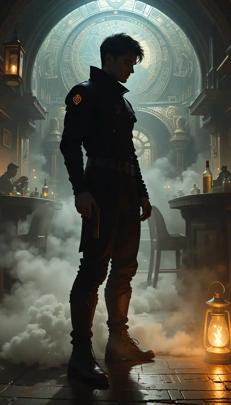 Young man with holstered laser pistol in tavern silhouette