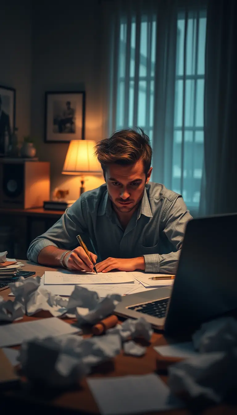 Focused writer at cluttered desk under warm lamp light