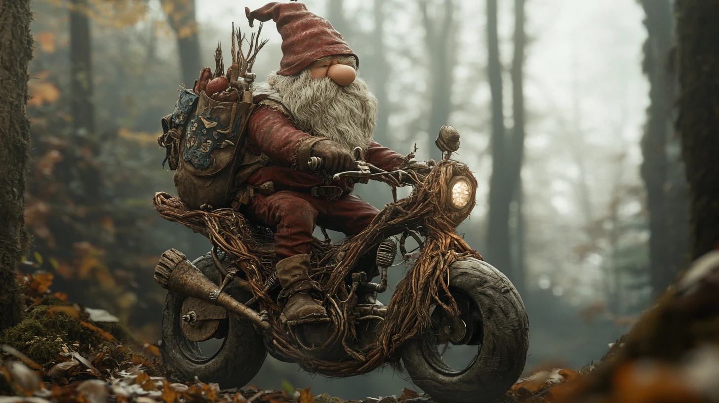 Gnome Riding A Branch Motorbike Through Misty Forest