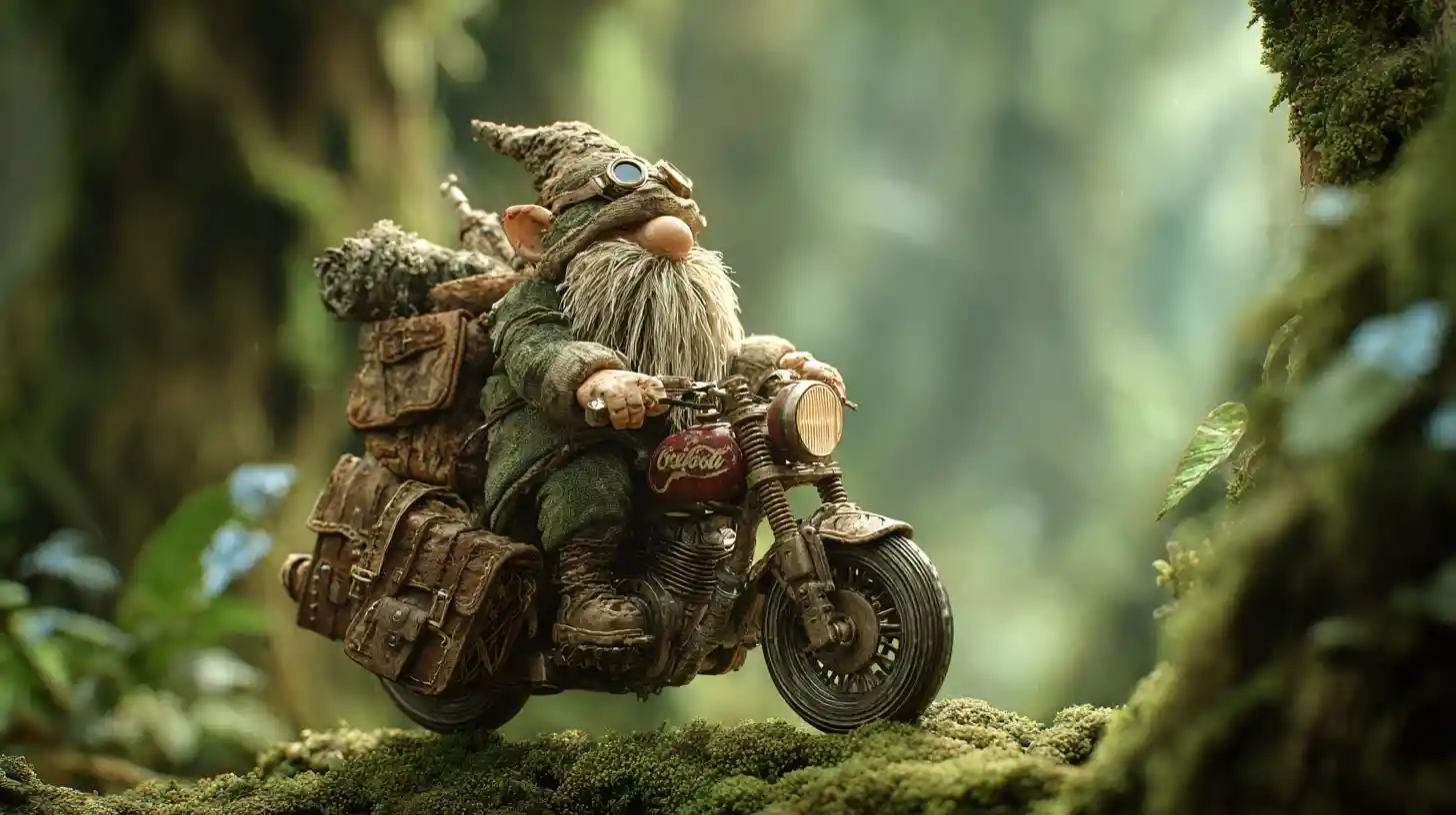 Gnome Riding A Steampunk Motorcycle In Enchanted Forest