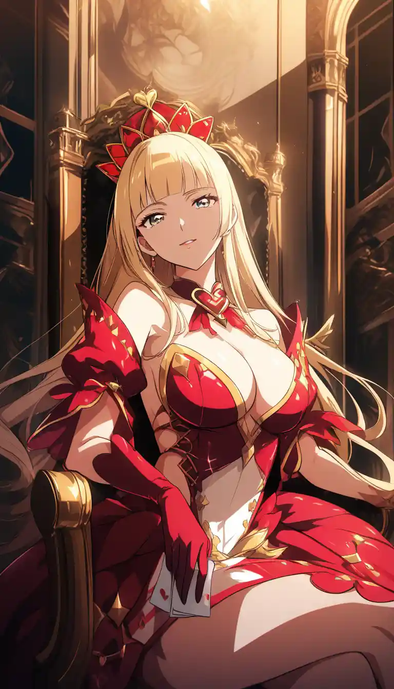 Confident anime queen of hearts seated on ornate throne