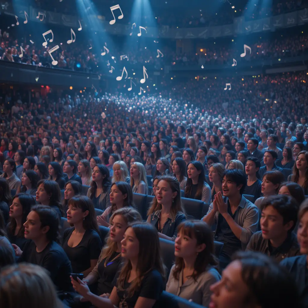 Joyful crowd singing together at a packed concert