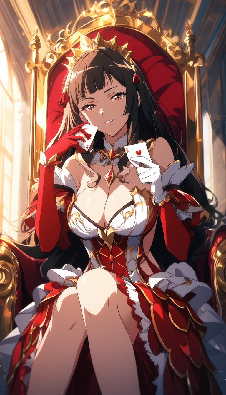 Confident anime queen of hearts on a royal throne