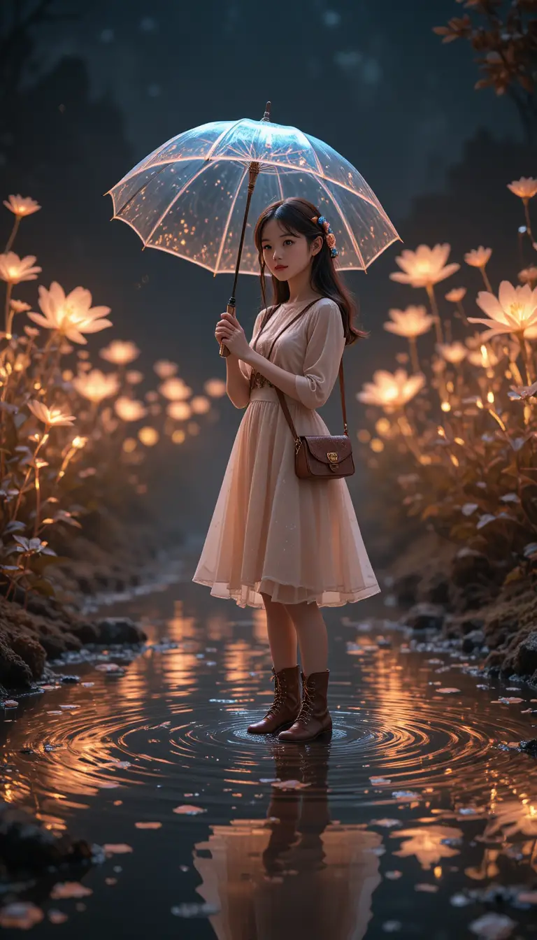Girl with umbrella standing in glowing reflective puddle