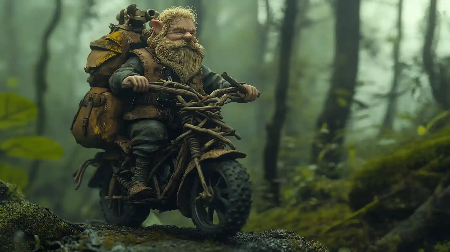 Gnome Riding A Branch Motorbike Through Misty Forest