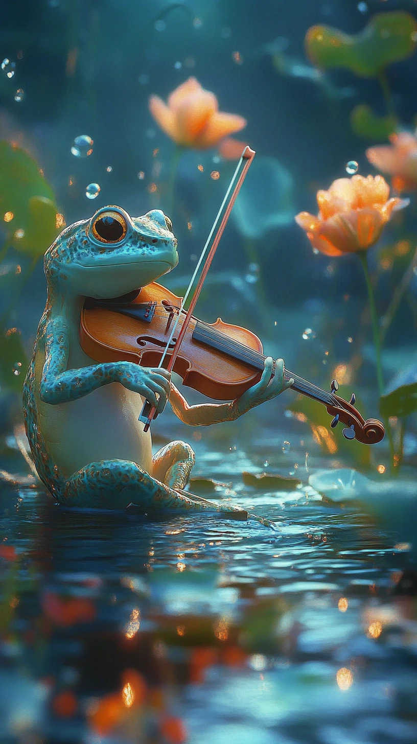 Rana elegante tocando violín en una mágica laguna azul