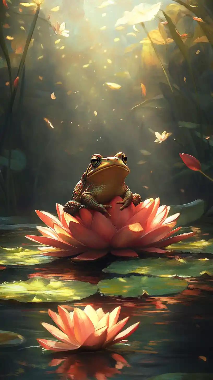 Toad Resting On Ancient Lily In Misty Anime Pond