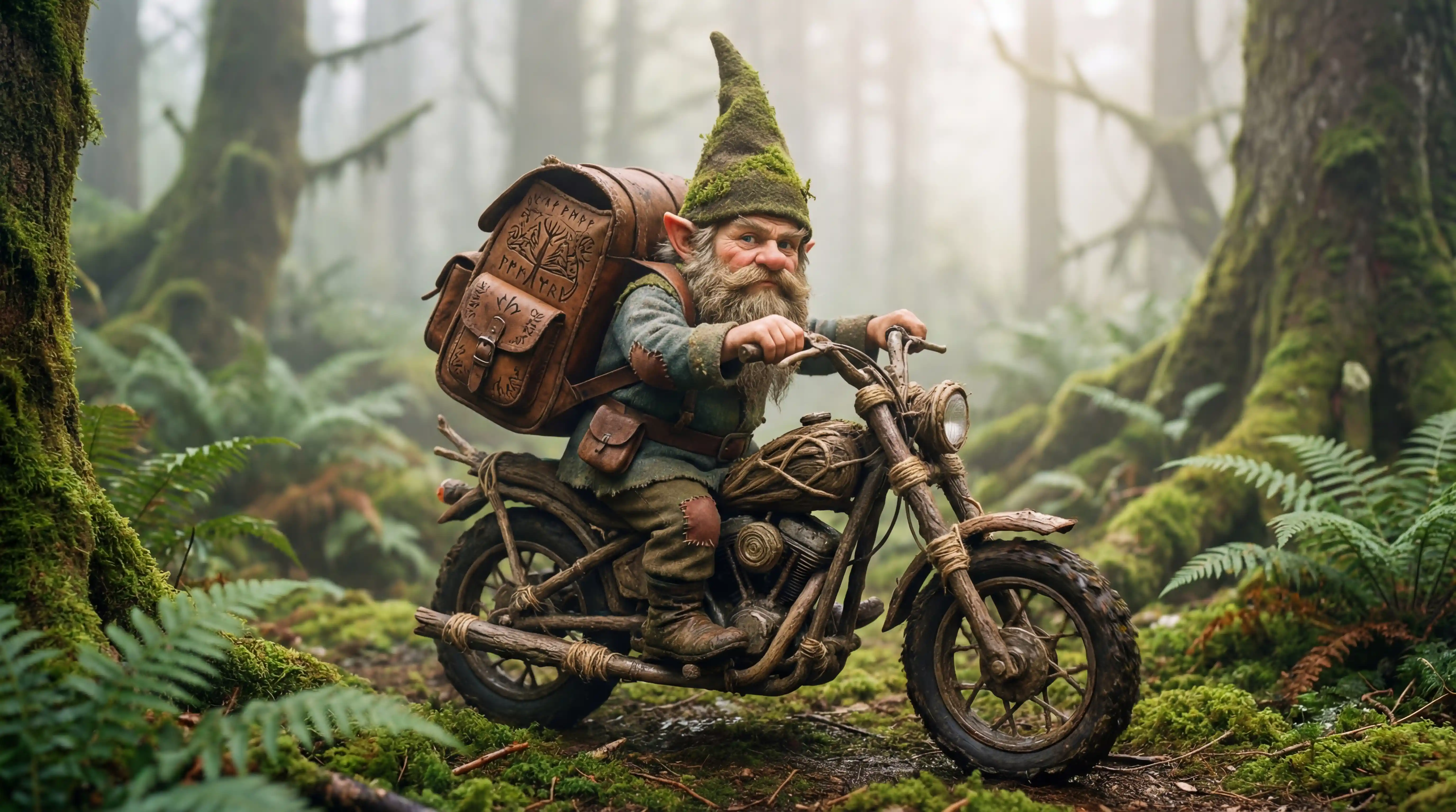 Tiny gnome riding a twig motorbike through misty forest