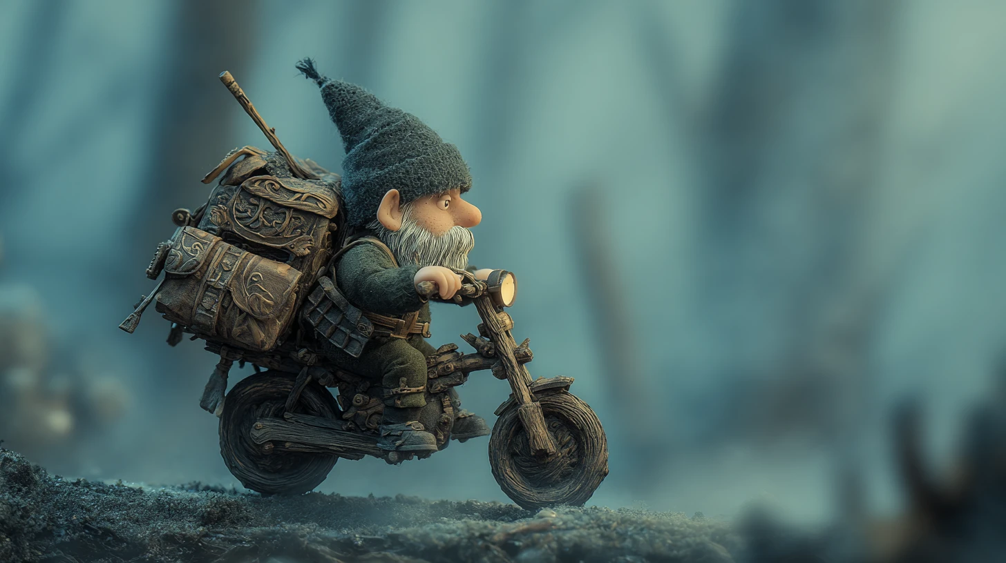 Tiny gnome riding a stick motorbike through misty forest
