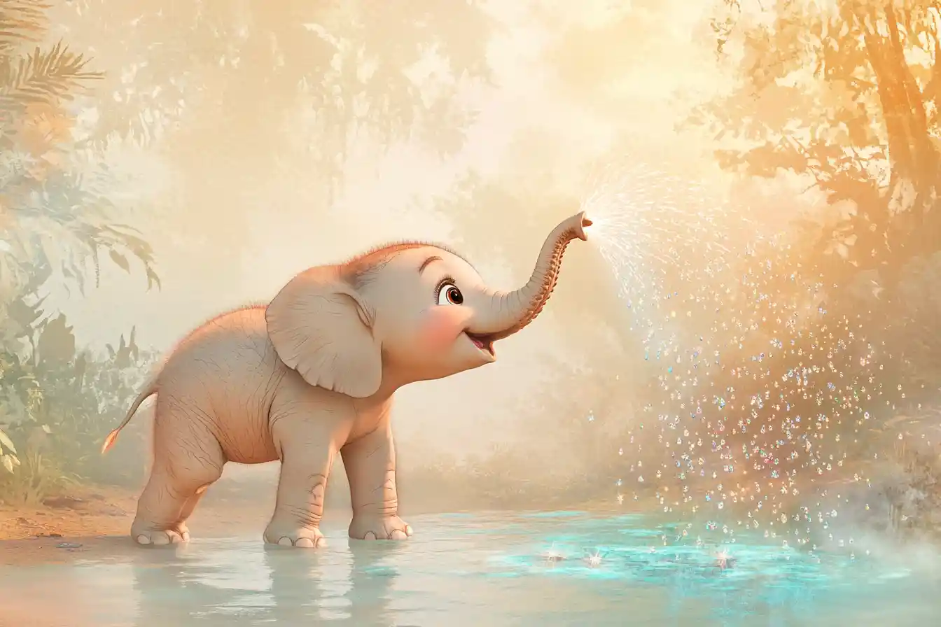 Baby-Elefant spritzt Regenbogenwasser im Dschungel bei Sonnenaufgang