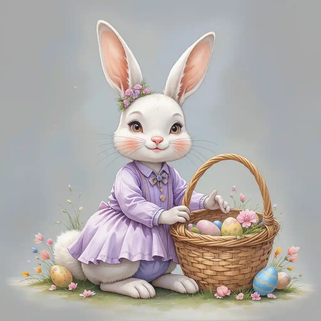 Dolce coniglio di Pasqua in abito viola con cestino festivo