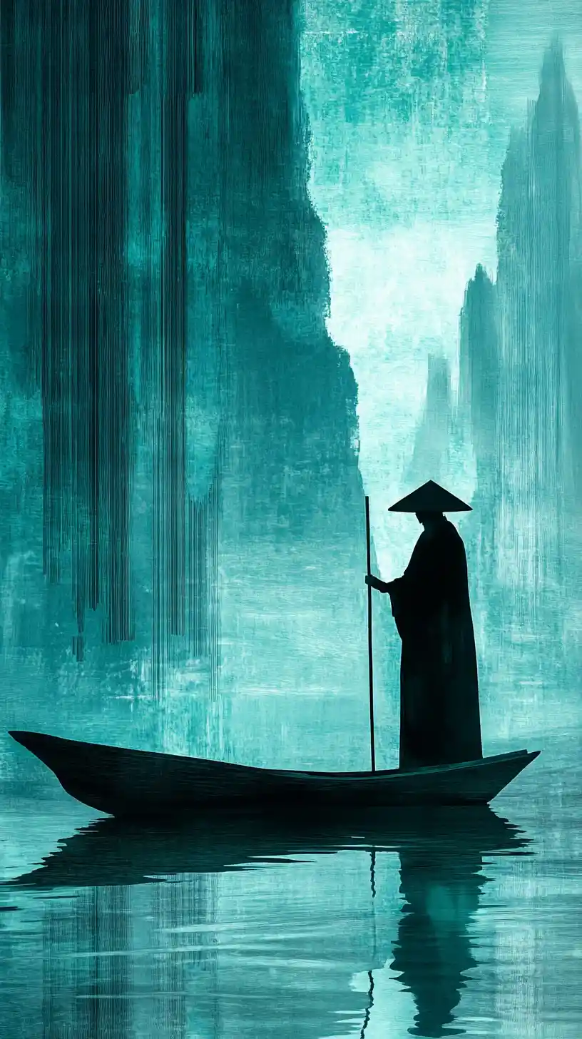 Solitary figure by teal lake with wooden boat and staff