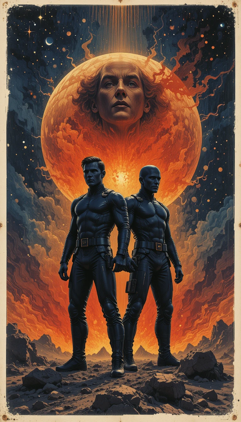 Vintage sci fi cover with two heroic men in space