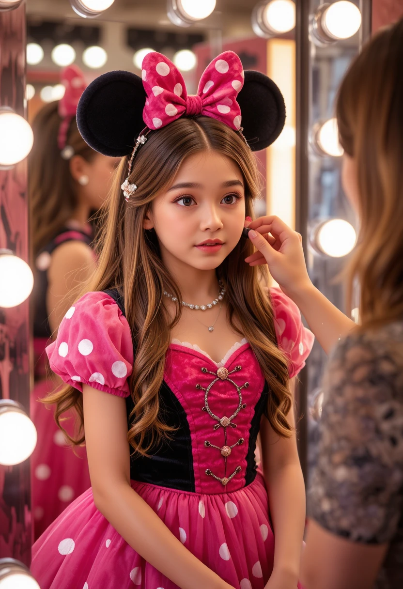 Niño con vestido rosa de Minnie maquillándose frente al espejo