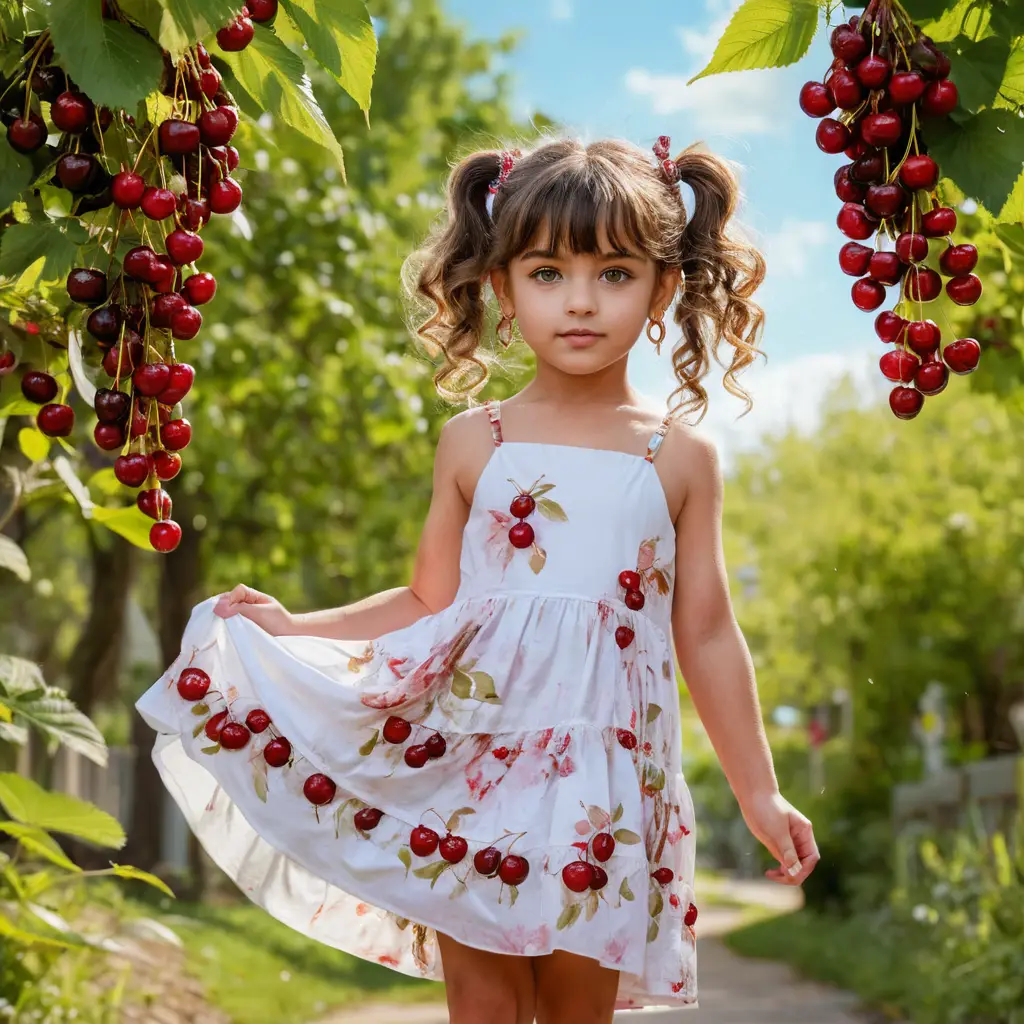 Young girl with cherries in a white and red dress