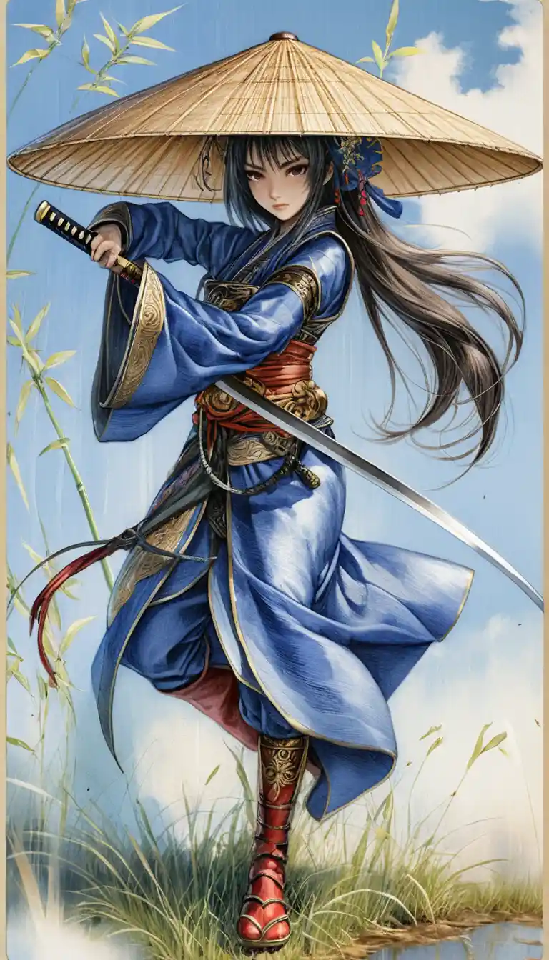 Anime samurai woman drawing her katana in a windy field