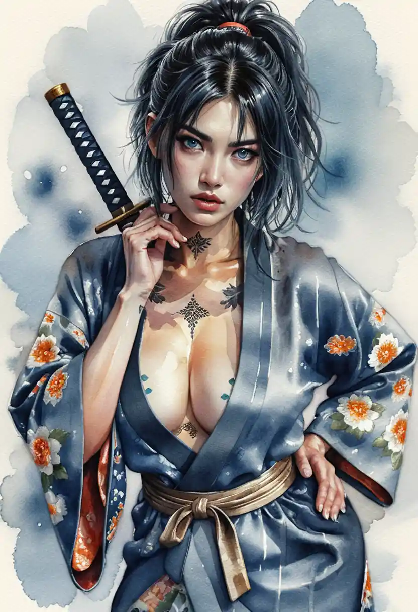 Retrato cinematográfico de guerrera tatuada con kimono