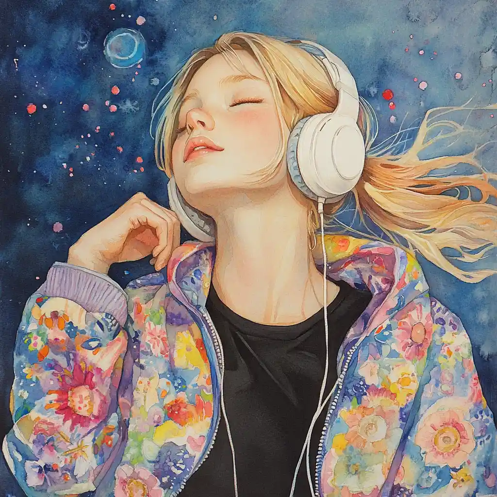 Girl Singing With Headphones In A Colorful Studio Portrait