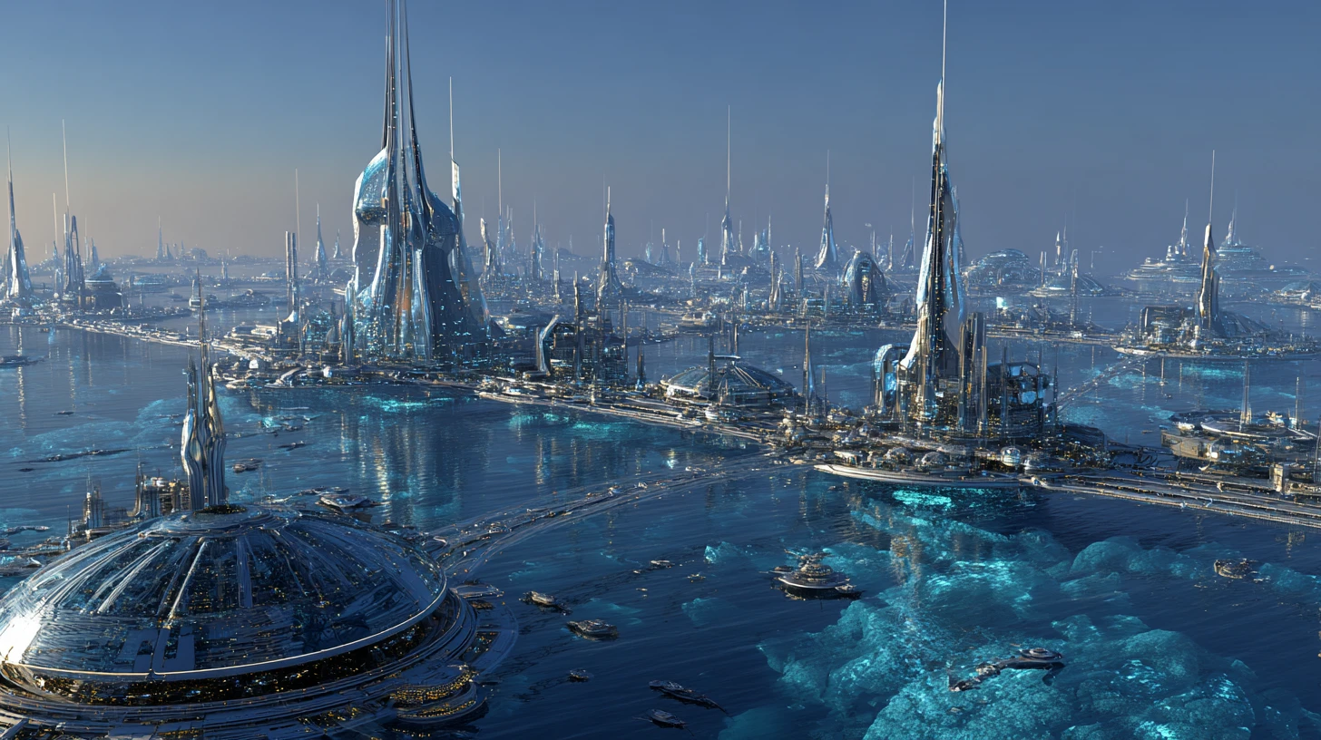Futuristic ocean cities rising above a boundless water world