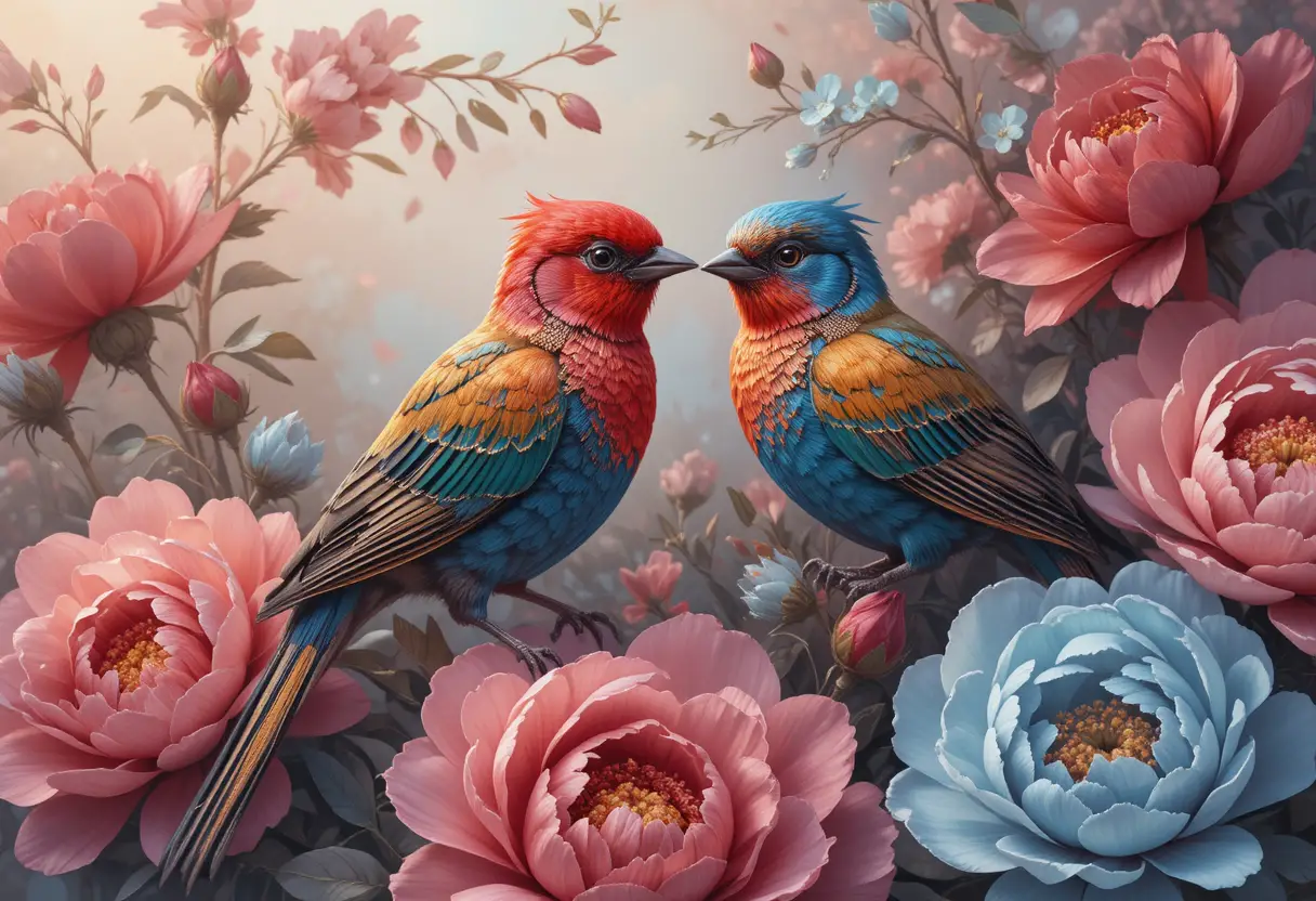 Uccelli iridescenti tra fiori di peonia rossi e blu