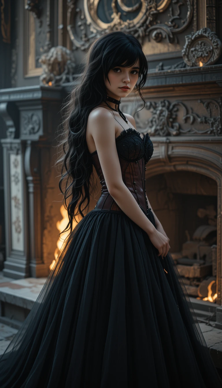 Glamorous gothic woman by a roaring castle fireplace