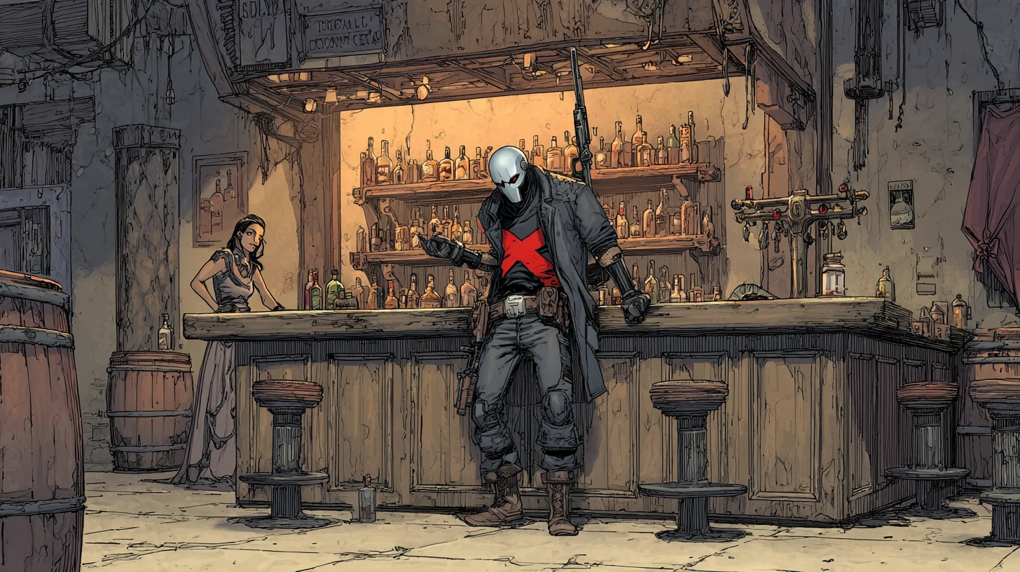 Armed vigilante confronts bartender in dark angular bar