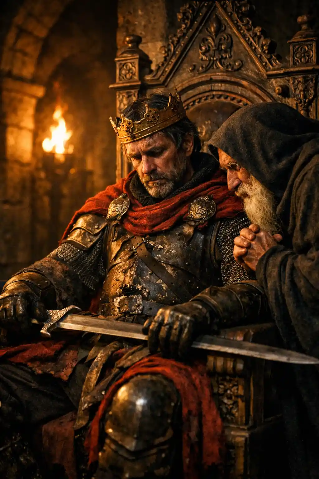 Weary medieval king on throne in dramatic torchlight