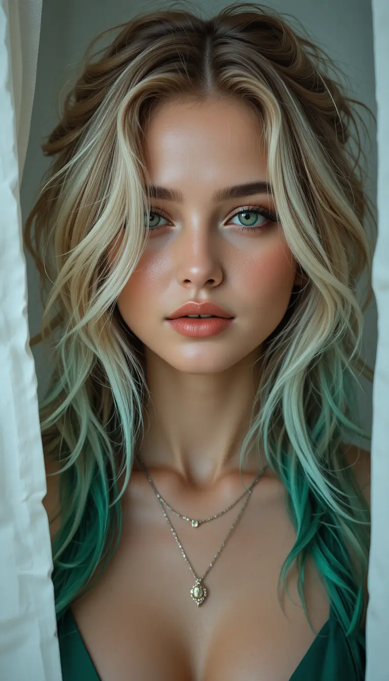 Smiling woman with green eyes and messy blonde emerald hair