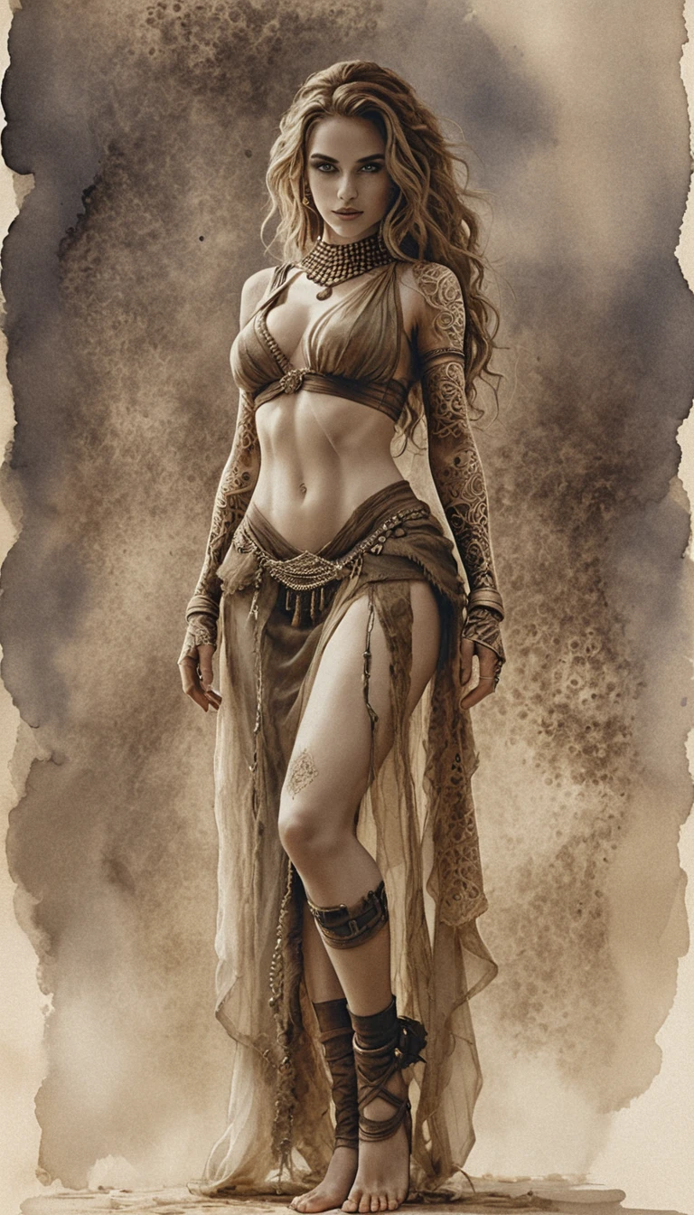 Sepia fantasy warrior woman in dramatic full body portrait