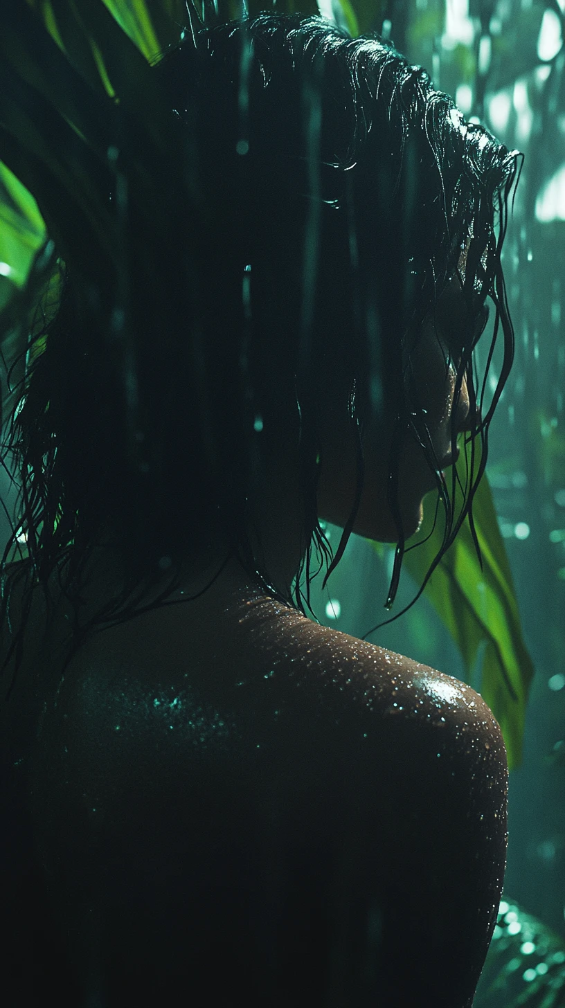Moody close up of a wet figure in lush rainforest
