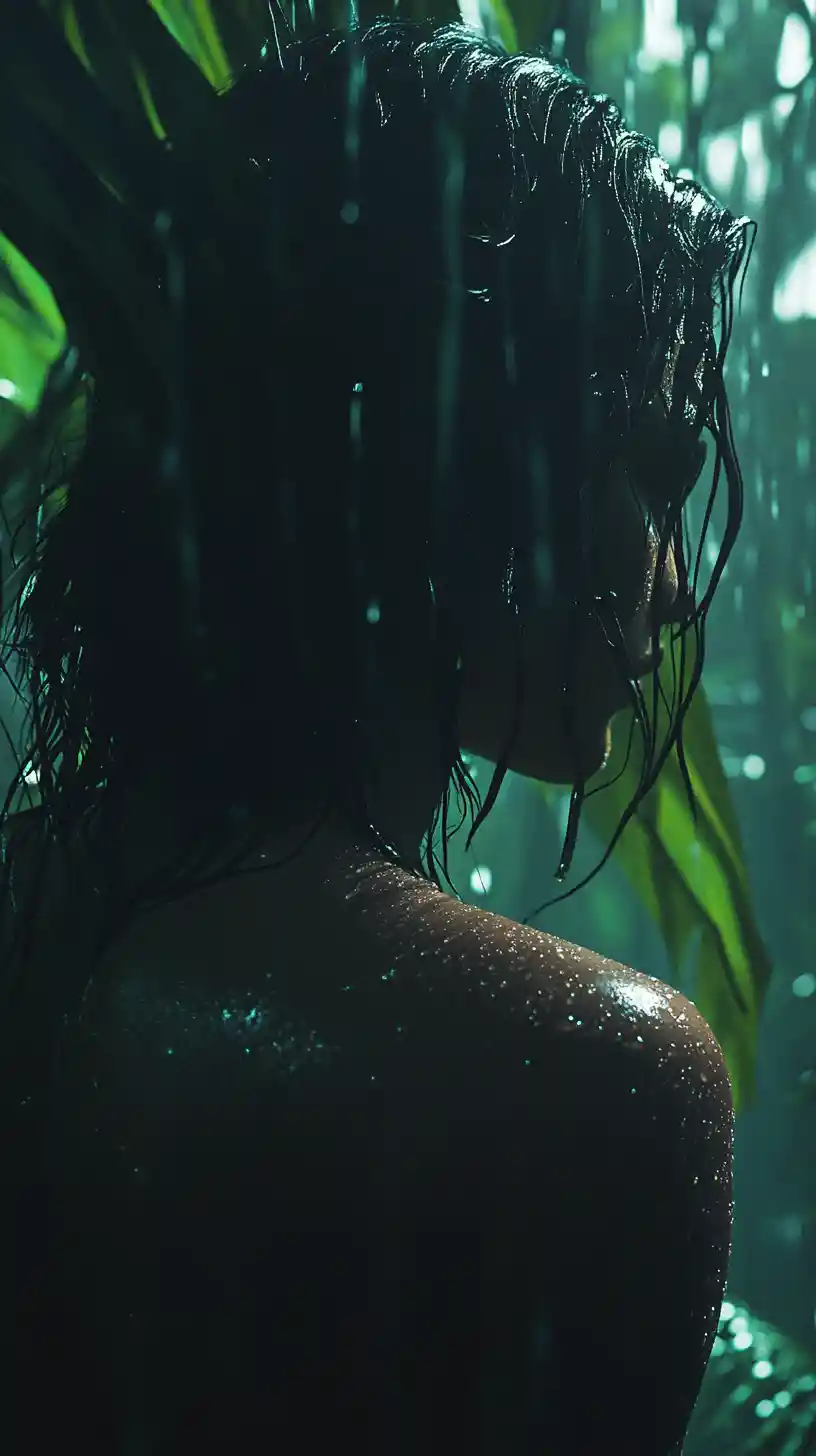 Moody close up of a wet figure in lush rainforest