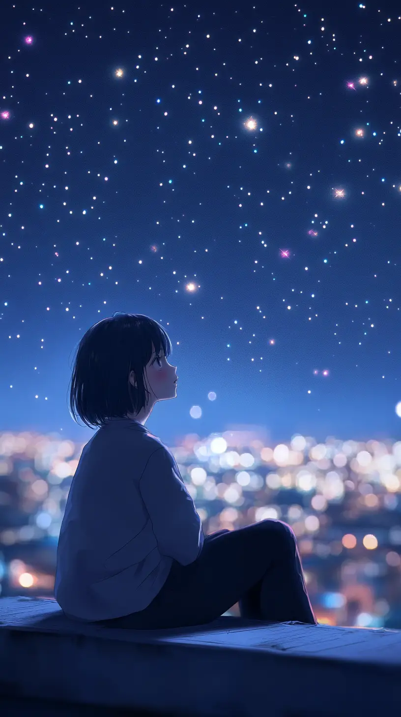 Lonely anime girl on a rooftop under a starry sky