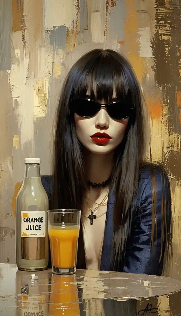 Ritratto pop art di donna con succo d’arancia sul tavolo