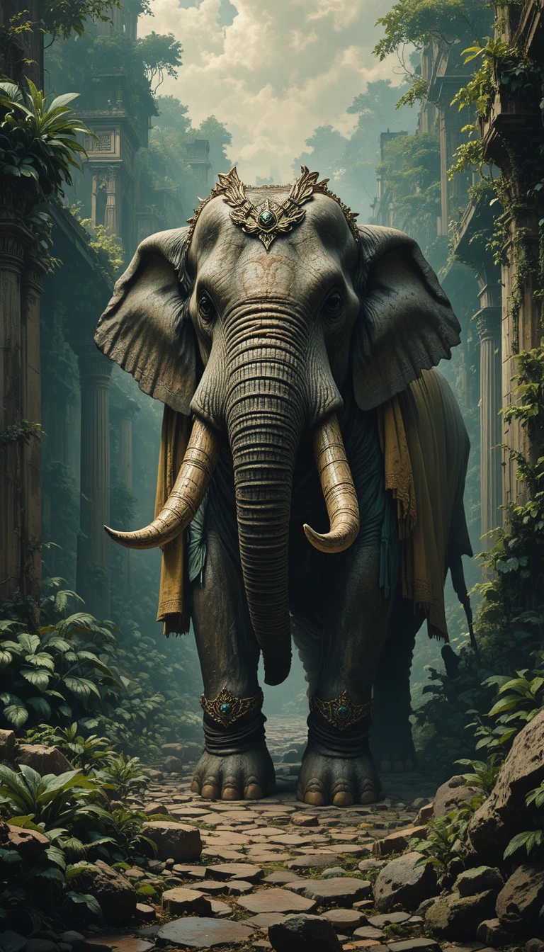 Elefante de guerra entre ruínas de selva tomada em pintura a óleo