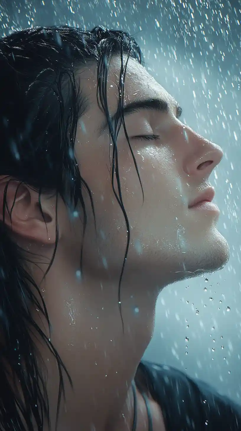 Close up of man with eyes closed enjoying falling rain