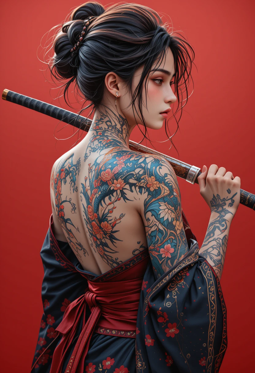 Donna tatuata in kimono con katana su sfondo rosso
