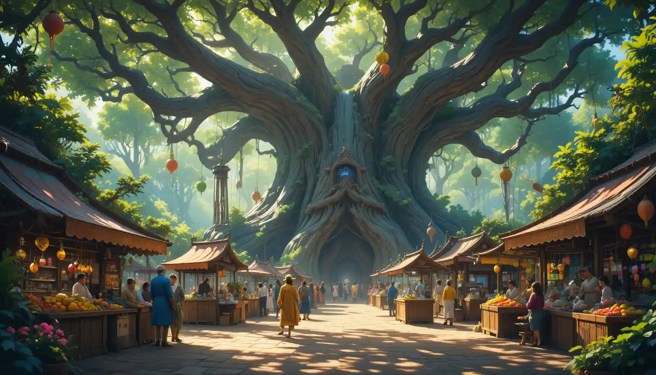 Bustling Tree Marketplace With Sunlit Forest Canopy