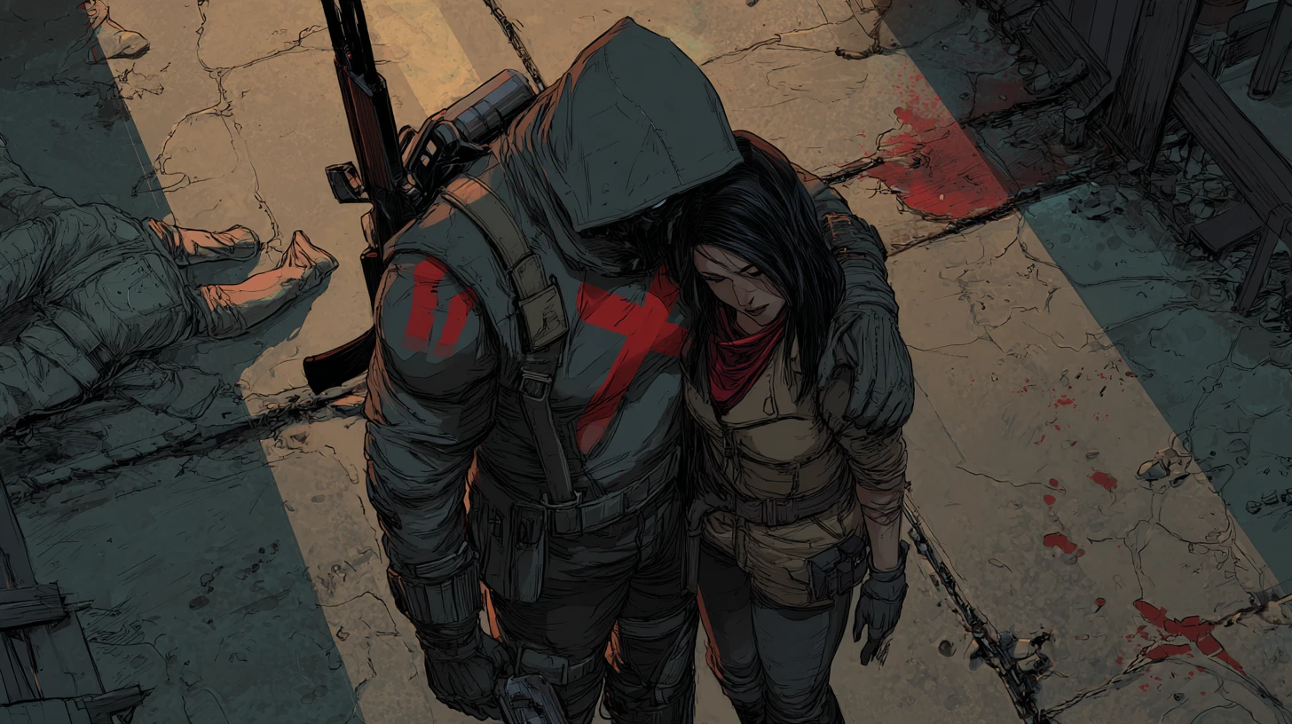 Dark urban vigilante comforting a crying woman