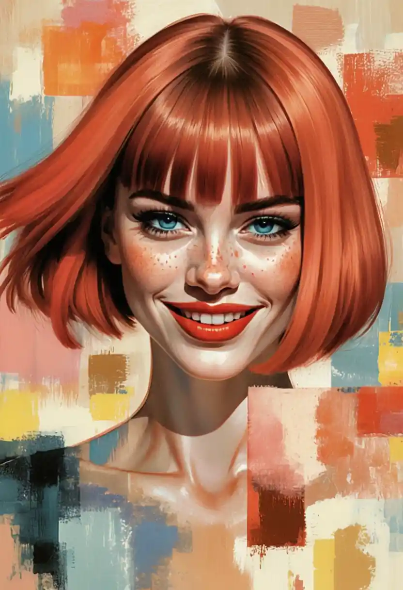 Ritratto pop art di ragazza dai capelli rossi con occhi turchesi