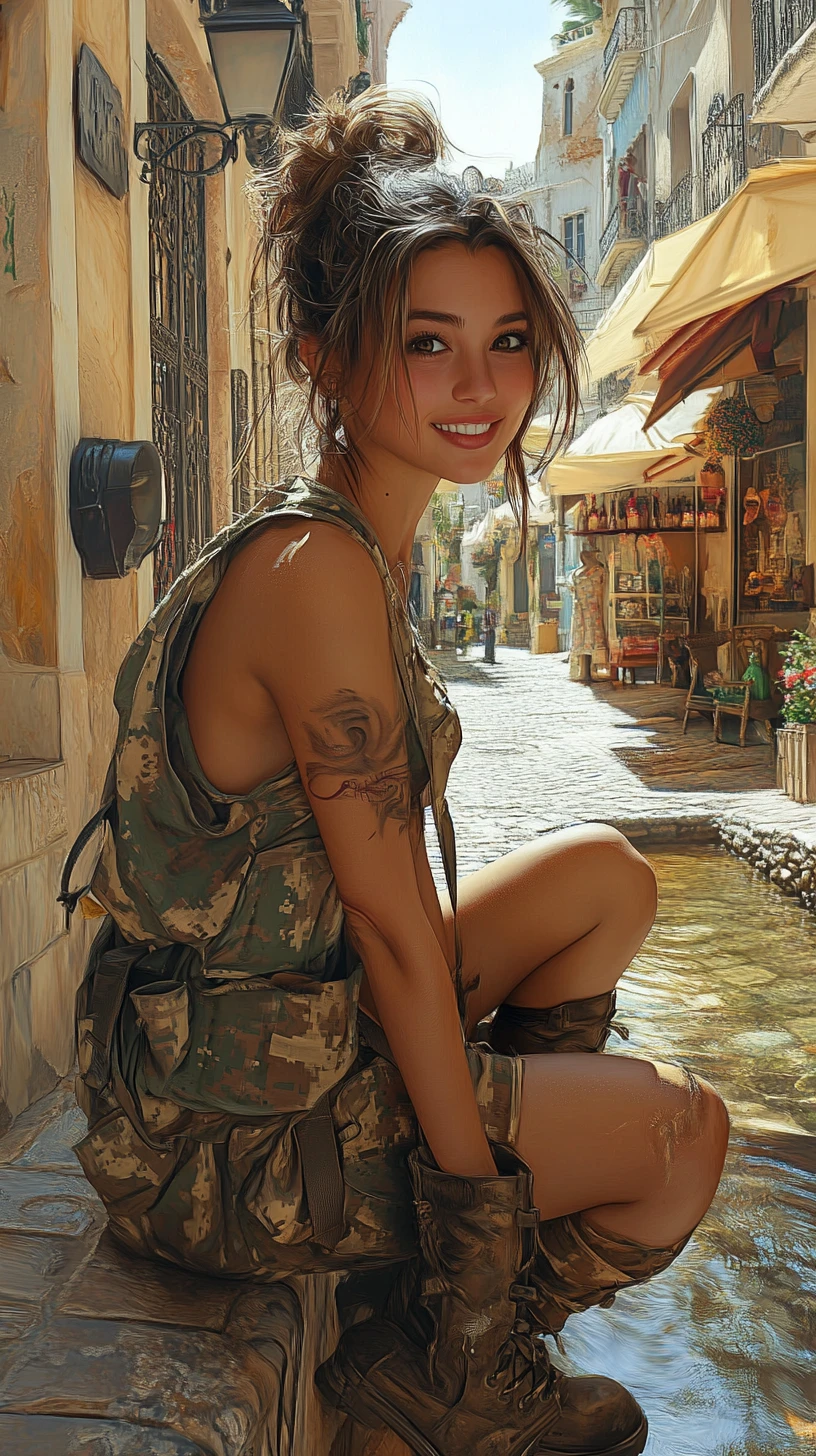 Smiling fantasy woman in camouflage on a Moroccan street