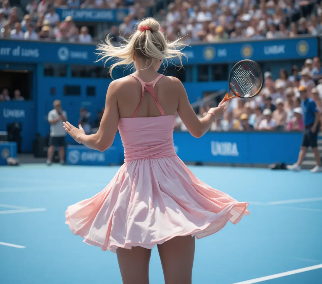 Female tennis player swings on bright blue outdoor court