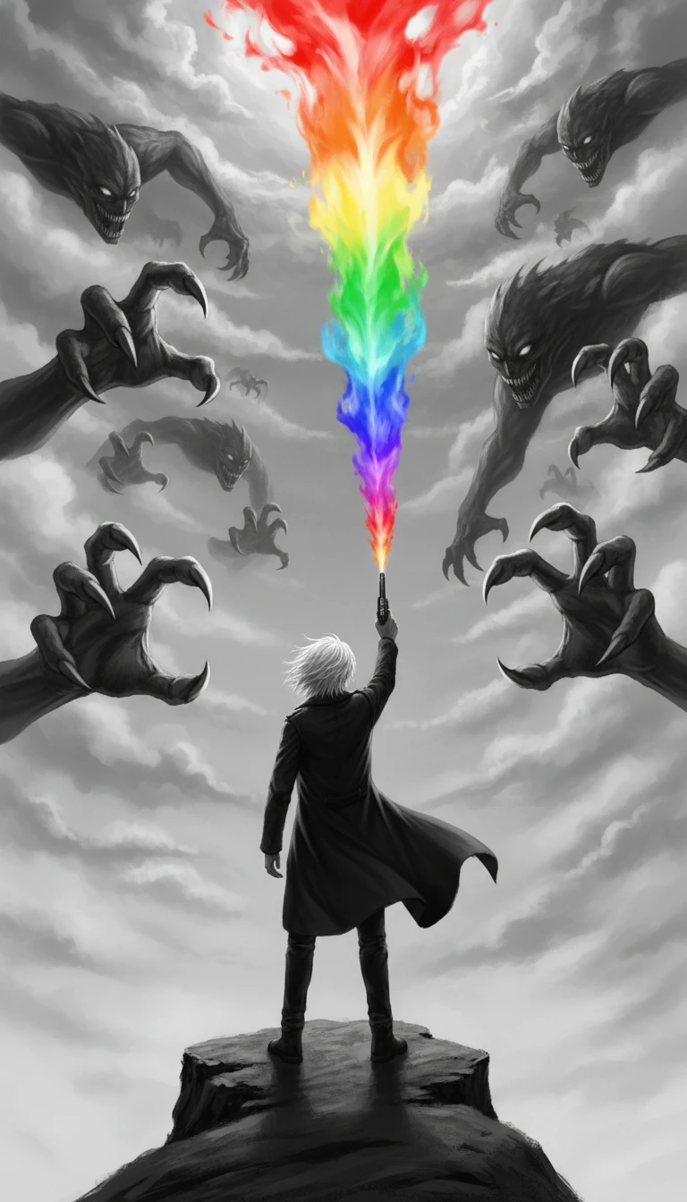 Man with rainbow gun facing monsters above a cliff