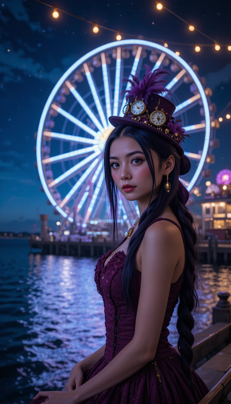 Steampunk woman by neon ferris wheel over calm ocean