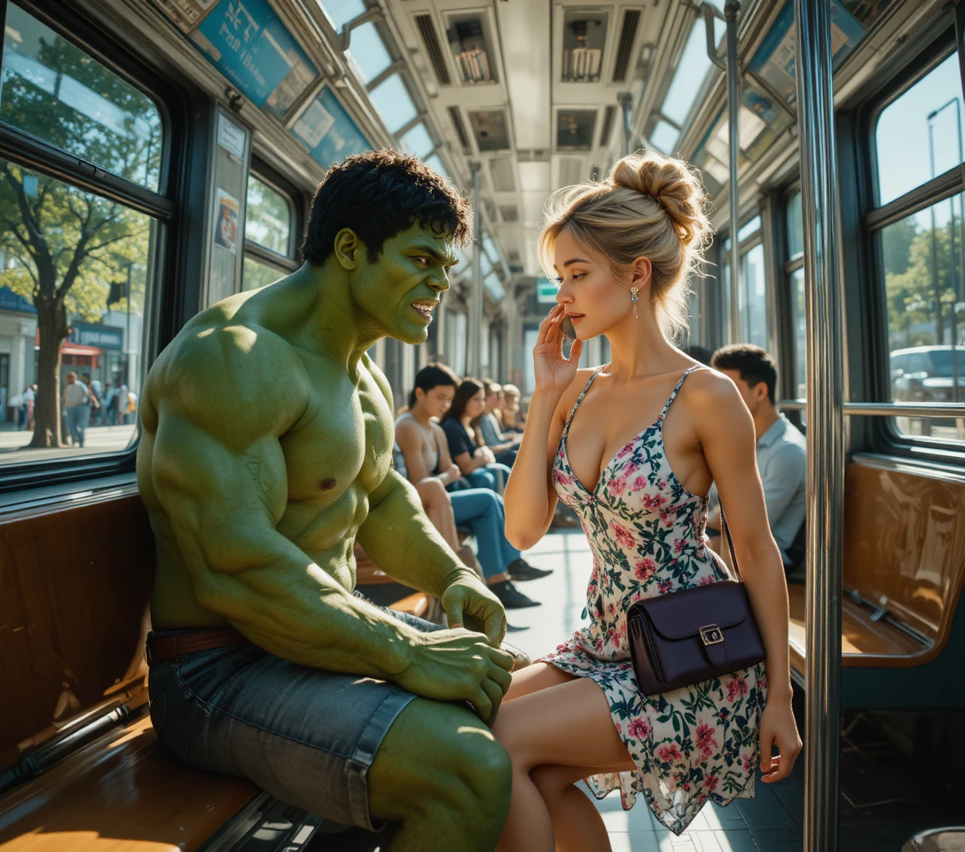 Muscular green man running angrily through sunny city park