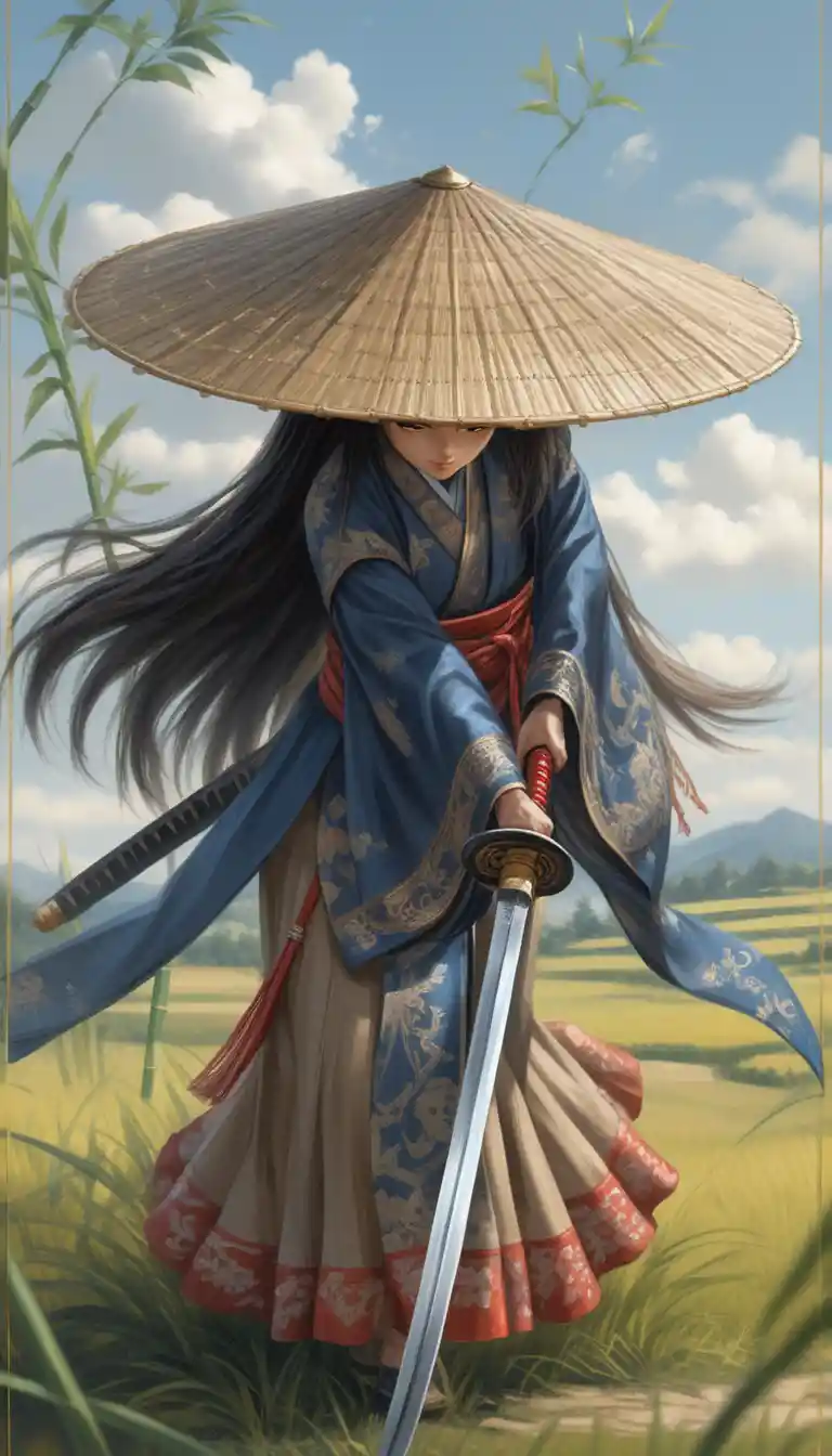 Anime samurai woman drawing her katana in a windy field